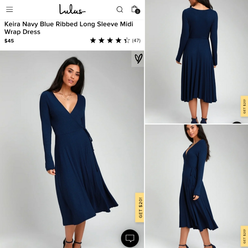 Lulus Navy Blue Ribbed Long Sleeve Midi Wrap Dress